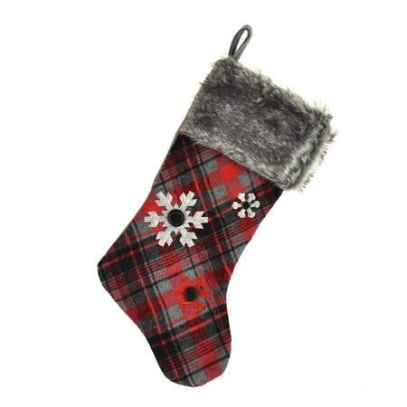 New Fur Felt - Hanging Felt Plaid Snowflake Christmas Stocking with Faux Fur Cuff, Red/Black, 18-inch