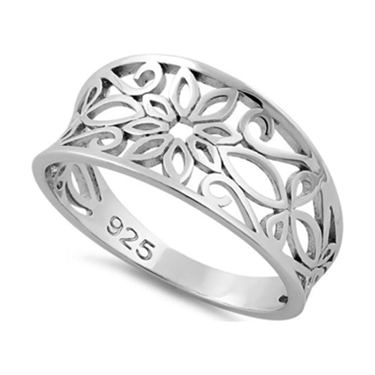 925 Sterling Silver Oxidized Platinum Plated Filigree Flower Women Ring