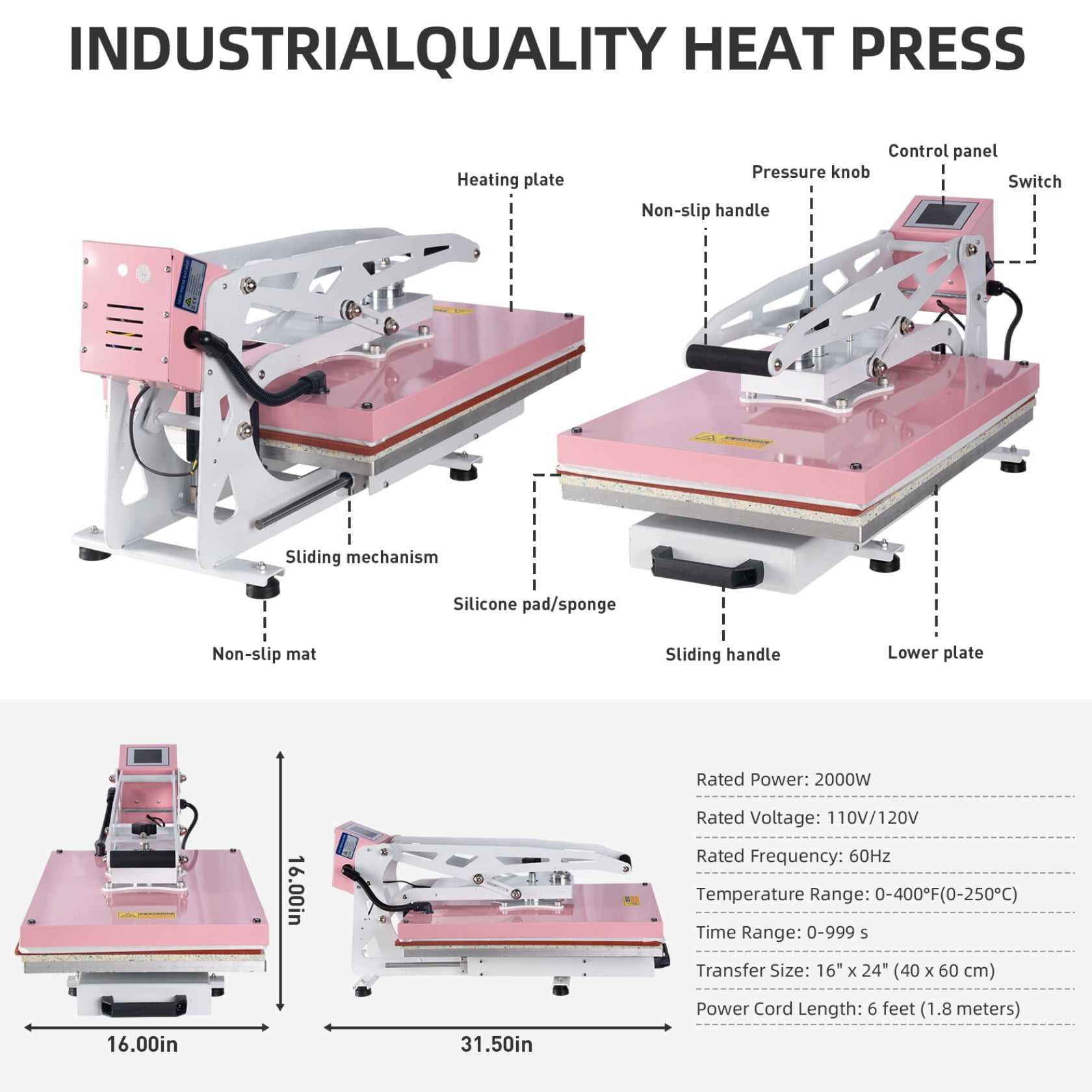 16”x24” Heat Press Machine, Semi-Auto, for T Shirts, Garments, Bags, Textiles, Curtains, Perfect for POD & Home DIY & Business Customization