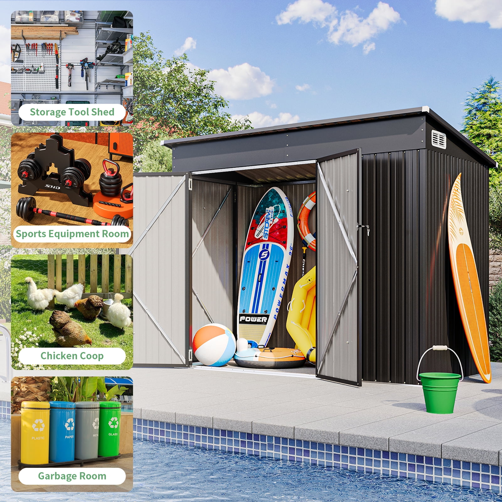 Sunmthink 4' x 8' Metal Storage Shed, Outdoor Storage Lean-to Shed with Triple Lockable Door and Vents for Garden, Black