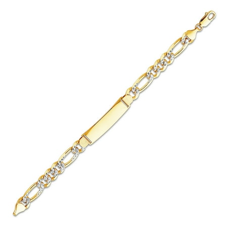 Mens Gold Figaro Bracelet - 14k Yellow Gold Mens Figaro 3+1 White Pave ID Bracelet - 8.5