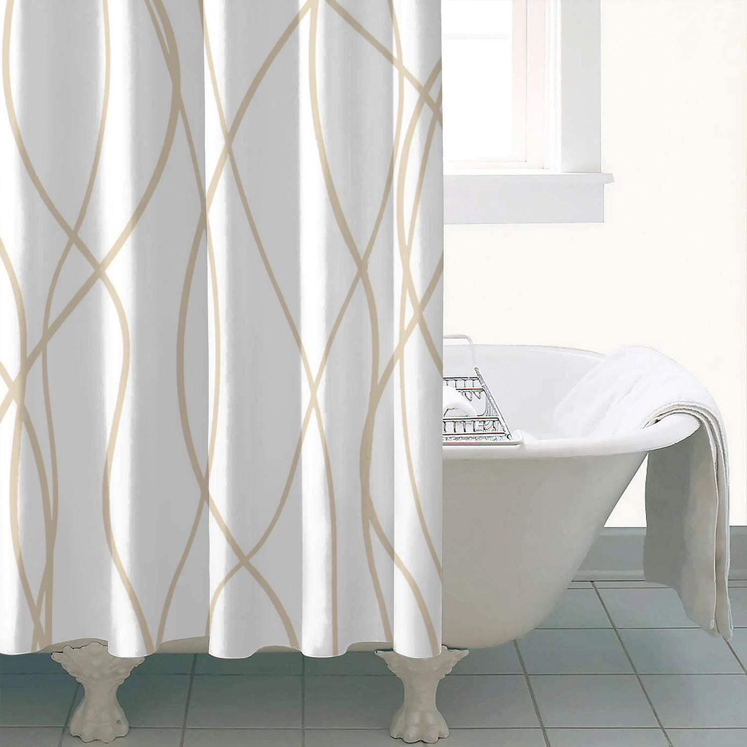 Beige Khaki Shower Curtain for Bathroom with Hooks, Extra Long Shower Curtain Set Stripe Bath Curtains Decorative White Shower Curtains Water Repellent Washable, 72x72