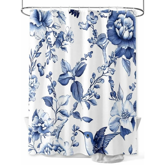 Vintage Dark Shower Curtain, Blue Flowers Leaf Hummingbird Rustic Waterproof Shower Curtain Set with 12 Hooks Lightweight Washable Fabric Shower Curtains for Bathroom 72x78 Inches