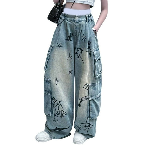 MEZZALL Kids Girls Jeans Distressed Elastic Waist Baggy Denim Wide Leg Pants Trousers, Blue, 3-4 Years