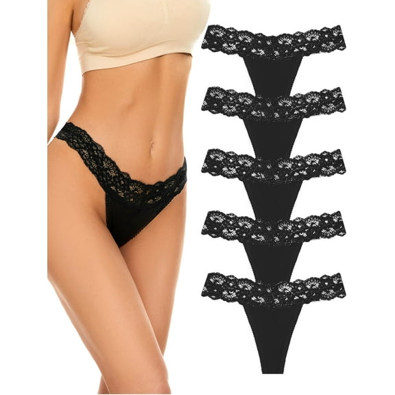 voenxe Seamless Lace Thongs for Women No Show Thong Underwear,Soft Comfort Panty,Tanga,5-Pack,XS-XXL