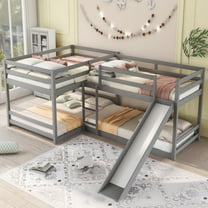 Harper & Bright Designs L Shaped Bunk Bed for 4, Quad Bunk Bed with Slide Full Over Full Wood Bunk Frame for Bedroom, Gray