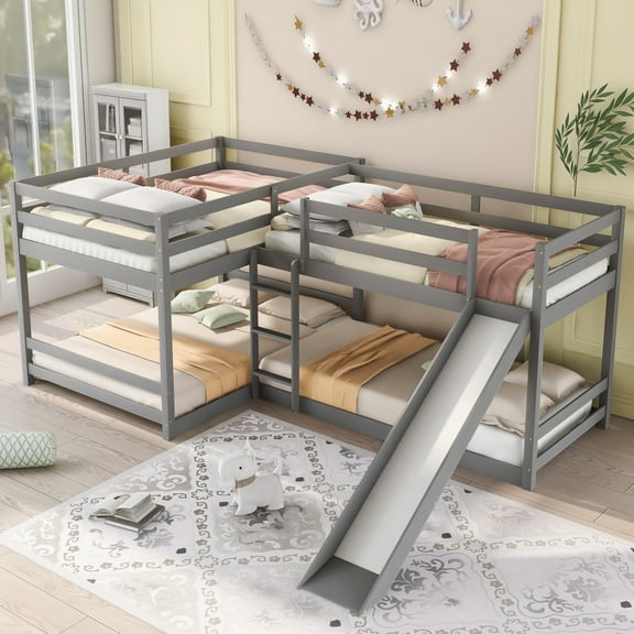 Harper & Bright Designs L Shaped Bunk Bed for 4, Quad Bunk Bed with Slide Full Over Full Wood Bunk Frame for Bedroom, Gray