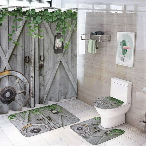 Farmhouse Wooden Barn Door Creative Bathroom Shower Curtain Set Rustic Western Wooden Board Wheel Antique Art Non Slip Waterproof Bath Mat Toilet Mat Rugs,72" W x 72" L