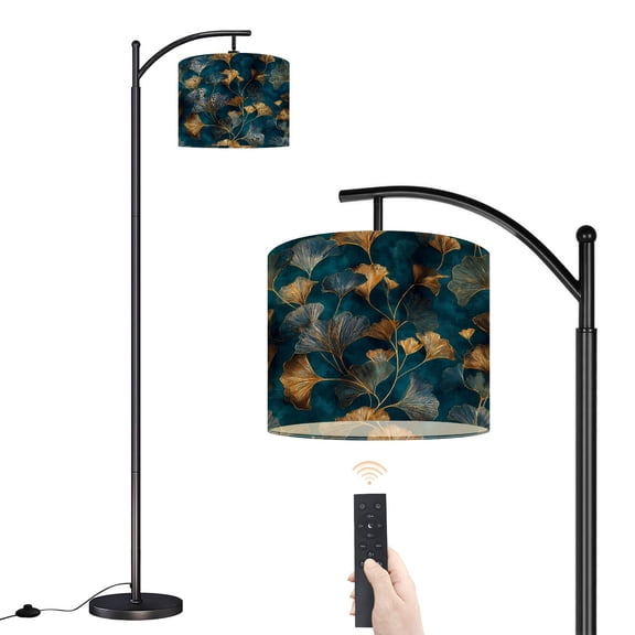Arc Floor Lamp with Adjustable Lampshade Golden Ginkgo Leaves Teal Botanical Abstract Art Standing Lamp 3 Color Temperatures Dimmable Tall Pole Lamp with Foot Switch for Bedroom