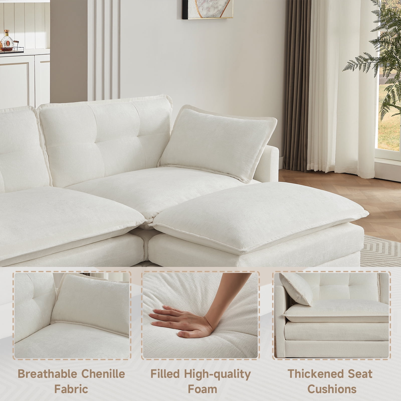 Amsleekey 111.5" Modular Sectional Sofa with 2 Movable Ottomans, U-Shaped Modern Chenille Cloud Couch for Living Room, Comfy Deep Seat Large Daybed, Beige