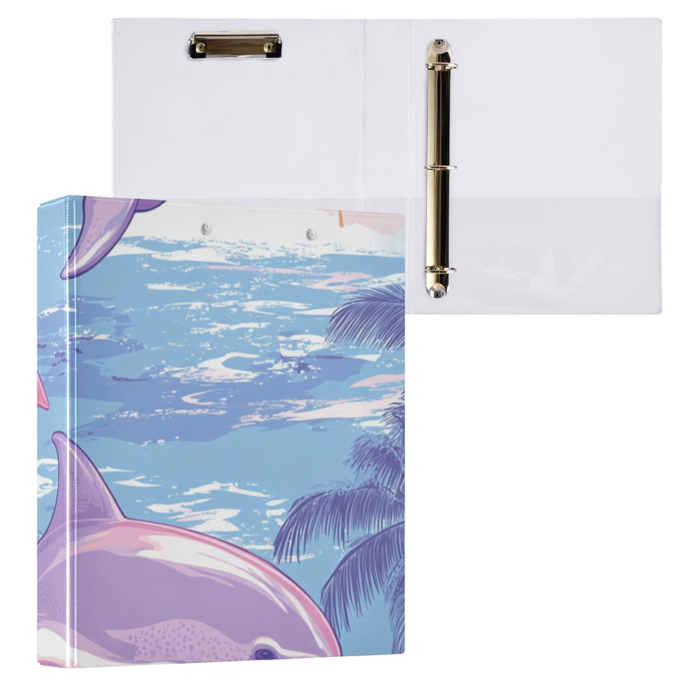 Pink Dolphins Sun Trees 3 Ring Binders 1.5 inch Hardcover File Folders with Interior Pockets A4 Size Organizer for School Office Hospital