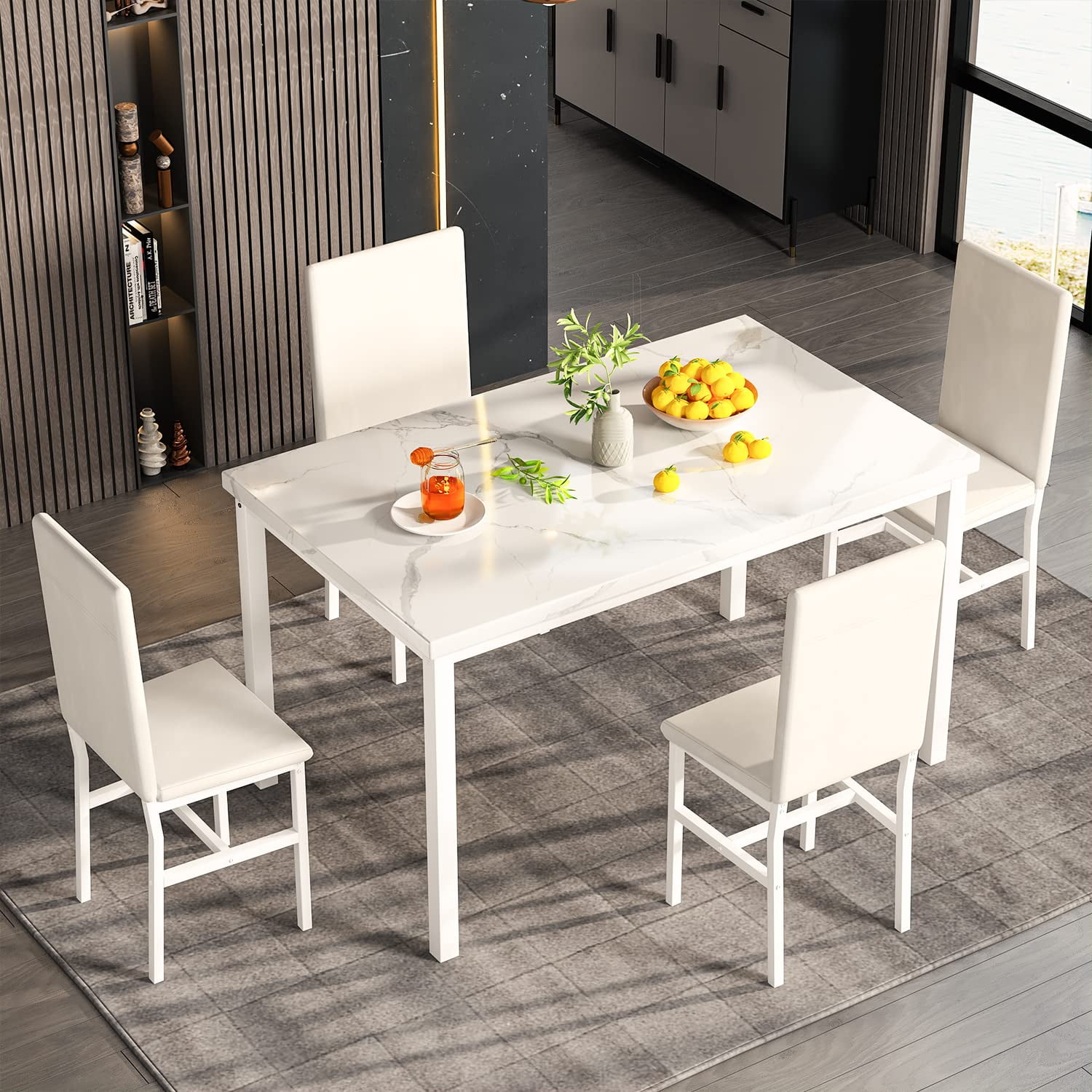 LinkRomat Dining Table Set for 4, Faux Marble Kitchen Table Set with 4 Leather Upholstered Chairs, 5 Piece Modern Dinette for Dining Room