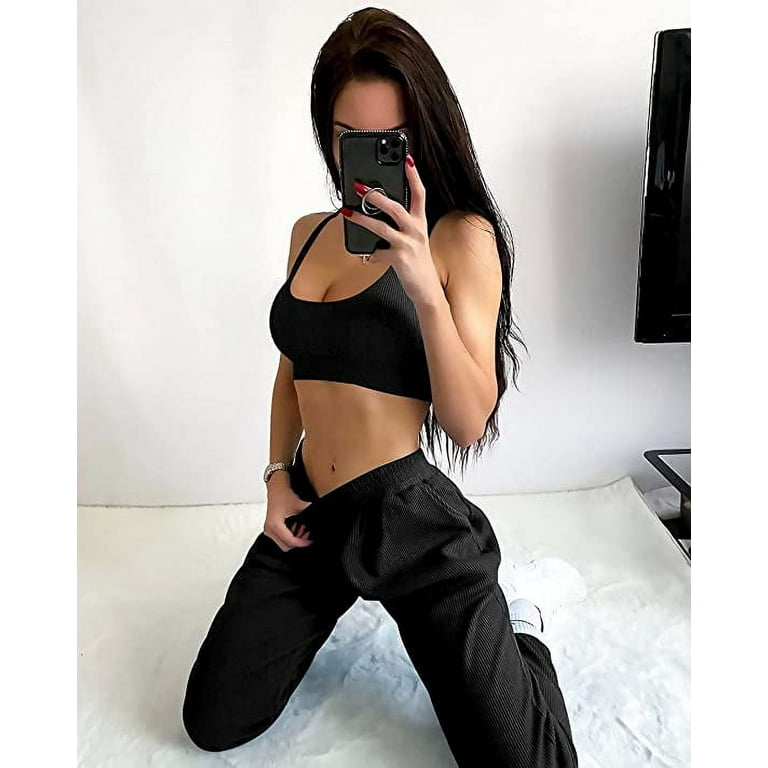Two Piece Workout Outfits for Women Jogger Sweatpants Sets with Pockets  Ribbed Sports Bra Gym Activewear (Brown,X-Large)