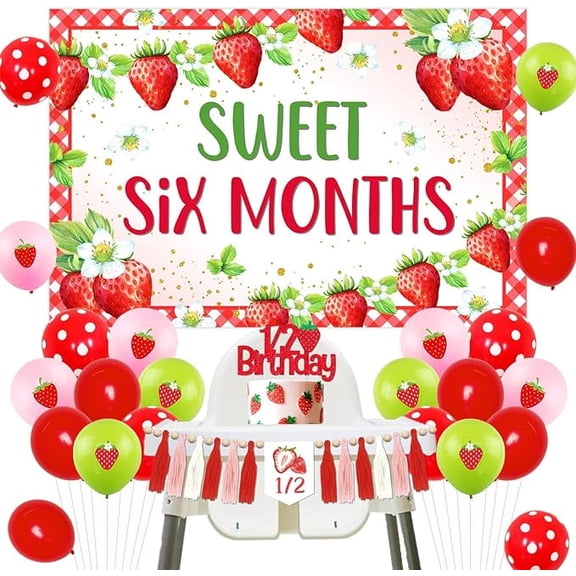 Strawberry Half Birthday Decorations Sweet Six Months Backdrop It’s My 1/2 Birthday High Chair Banner Strawberry 6 Months Balloons 1/2 Birthday Cake Topper for Girls 1/2 Birthday Party Supplies