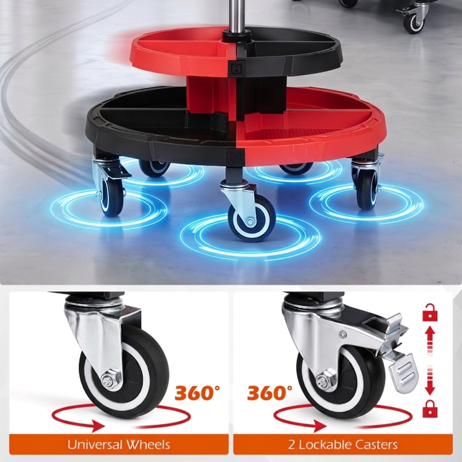 Biotree Rolling Mechanic Stool 23.5" x 20.5" for Auto Repair Workshop Mechanic with Tool Tray for Garage Shop, Red