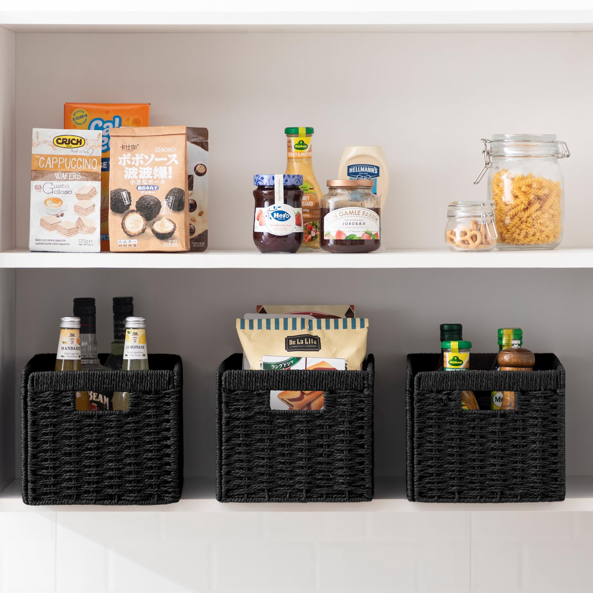 Rectangular Foldable Hand-Woven Storage Baskets Black 4 Pack 13.4l X 8.3w X 7.1h Inch For Pantry Shelves Organization