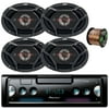 Pioneer SPH-C10BT Single DIN Smartphone Multimedia Bluetooth USB Receiver Bundle Combo with 4x 6x9" 550 Watt Peak Power 4-Way Coaxial Speakers, 16 Gauge 50 Feet Speaker Wire