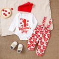 thumbnail image 5 of Valentine's Day Boys Girls Outfit Heart Print Long Sleeve Romper Suspender Pants Hat 3Pcs Baby First Valentines Outfit White 0 Months-3 Months, 5 of 6