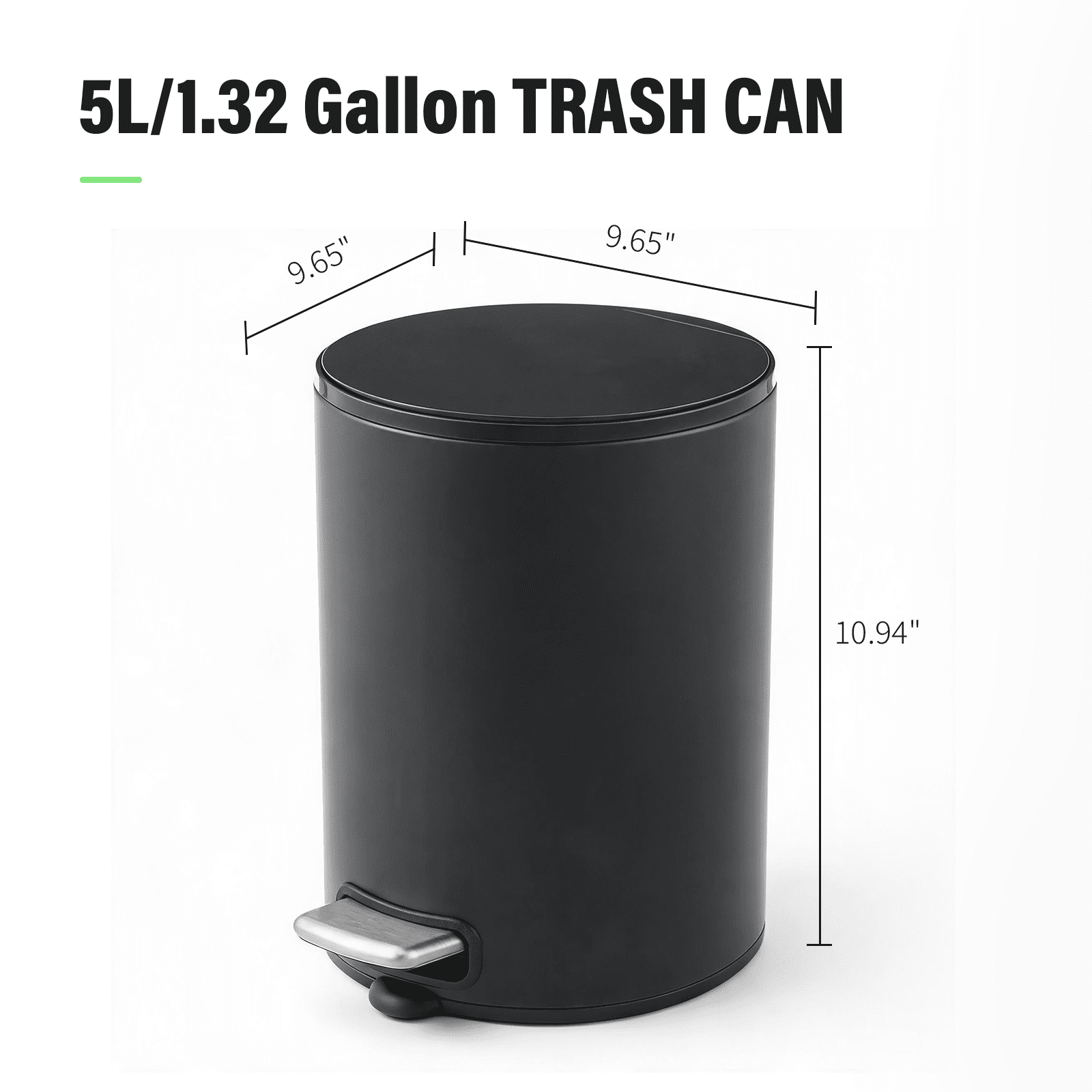 Simplykleen 5L/1.32 Gallon Round Step Trash Can Small Stainless Steel Bathroom Garbage Can with Removable Inner Bucket for Bathroom, Bedroom, Office, Black