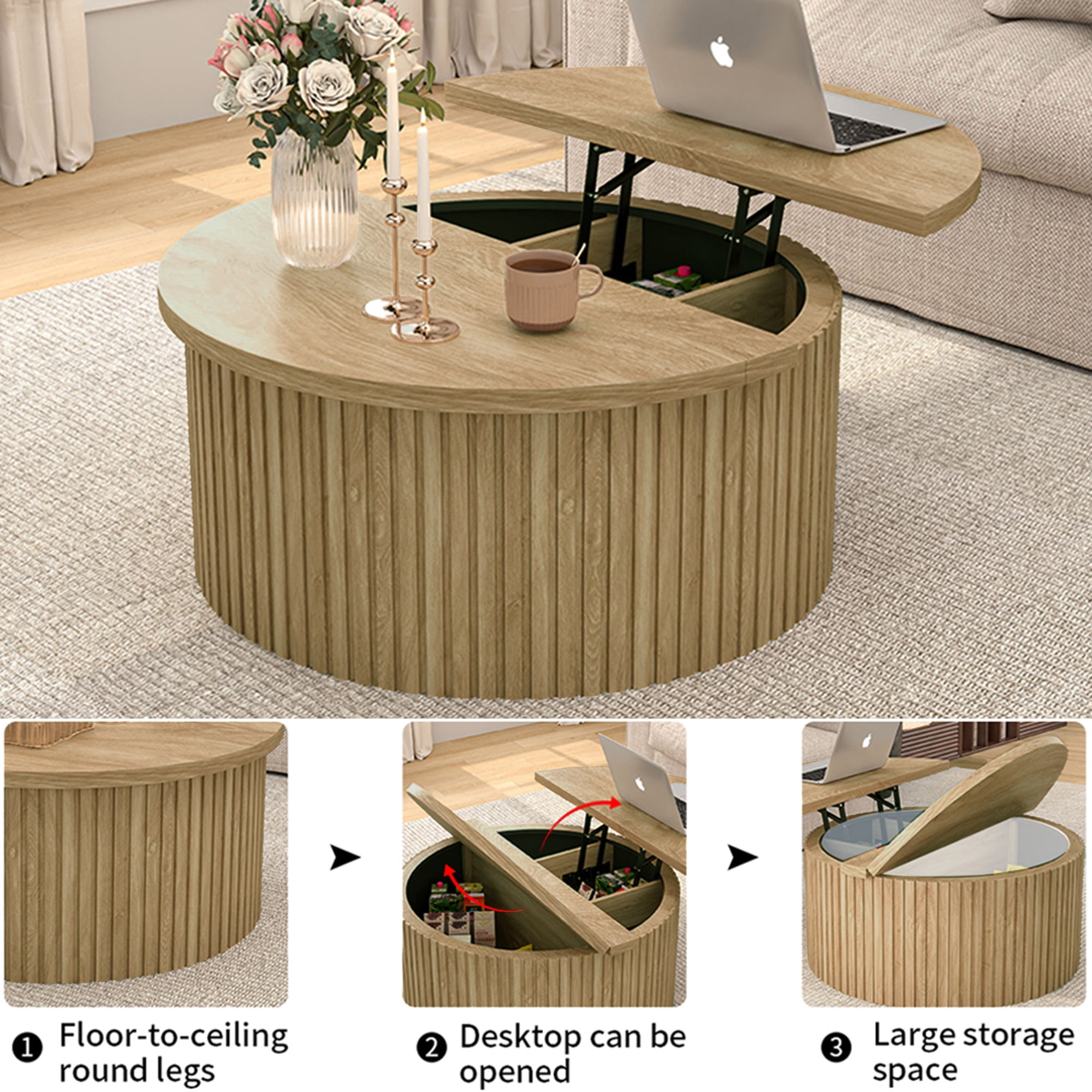 Round Lift Top Coffee Table with Storage Farmhouse Center Table with Hidden Compartment Circle Sofa Table for Living Room Wood