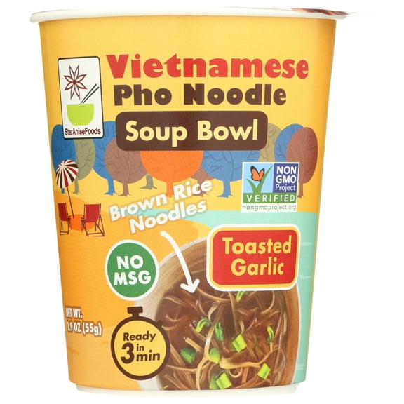 Star Anise Foods Instant Vietnamese Noodle Pho Bowl, Gluten Free, No MSG, Toasted Garlic, 1.9 oz