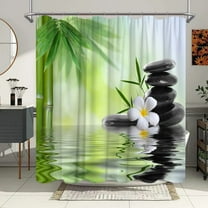 Green Bamboo Zen Stone Shower Curtains Lotus Flowing Water Zen Landscape Shower Curtain for Home Bathroom Decoration with