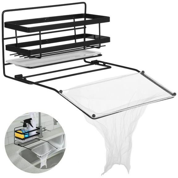 3-in-1 No-Drill Kitchen Sink Organizer - Stainless Steel Space-Saving Sponge Holder   Drain Rack with 50 Mesh Basket | Multi-Functional Drain Strainer Rack with Detachable Drain Basket