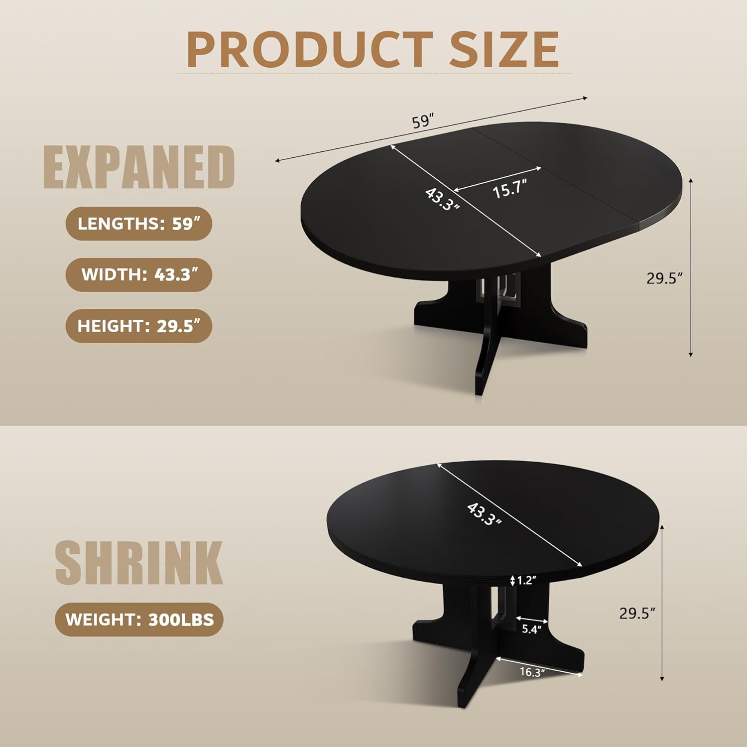 iPormis 59" Extendable Round Dining Table for 6, Modern Kitchen Table with Sturdy Wooden Base, Dining Room Table with Thickened MDF Board, Perfect for Small Space, Black