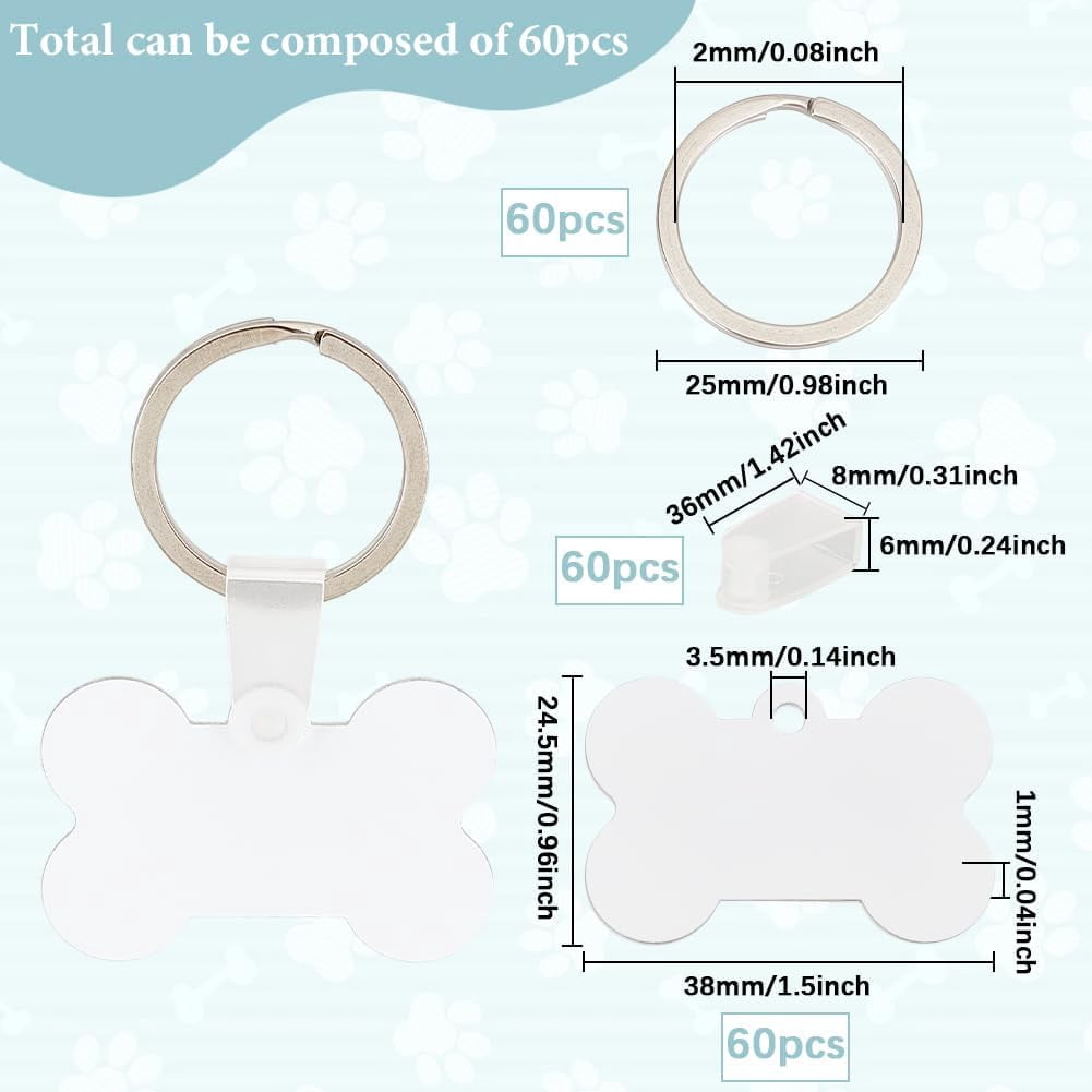 180Pcs Sublimation Keychain Blanks Bulk Sublimation Blank Key Chains Double Sided Heat Transfer Bone Shaped Ornament Blank Aluminum Tag Pendants for Dog Cats Collar Name Tags Pets ID Favors
