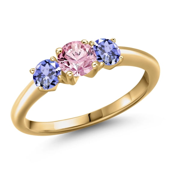 Gem Stone King 18K Yellow Gold Plated Silver Pink Lab Grown Diamond and Blue Tanzanite Engagement Ring for Women | 1.10 Cttw | Round 5MM | Gemstone April Birthstone | Size 6