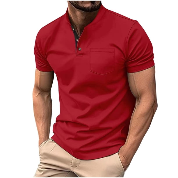 Camisetas de Manga Larga para Hombres Casual Botón Sólido Camiseta Cuello de Soporte Superior, Poliéster Ligero para Primavera Verano