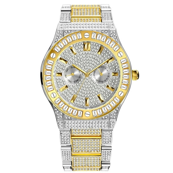 Elegant Rhinestone Embellished Men's Quartz Wrist Watch with Round Alloy Case, and Alloy Band - Fashionable Full-Diamond Men Timepiece with Electronic Movement