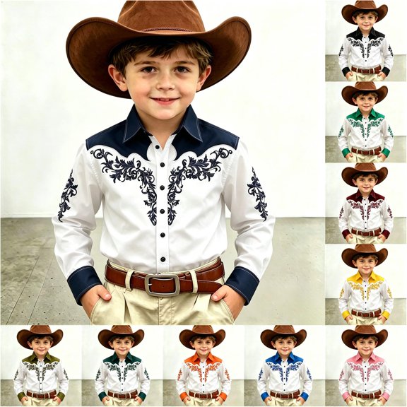 VOUZZA Boys 3D Western Cowboy Shirt Classic Rodeo Frontier Theme Printed Long Sleeve Button Down Collared Casual Blouse for Kids Ages 4-13