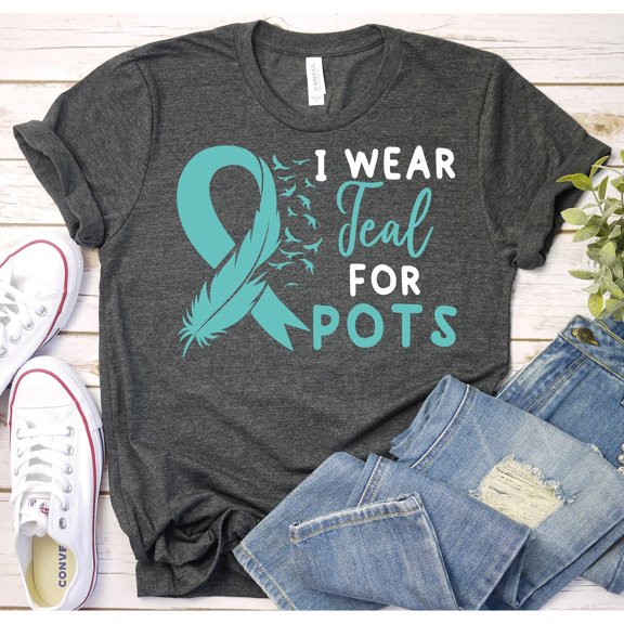 Teal POTS Awareness Ribbon and Feather Graphic T-Shirt, Unisex Classic Fit, Cotton-Rich, 180 GSM, Front Print