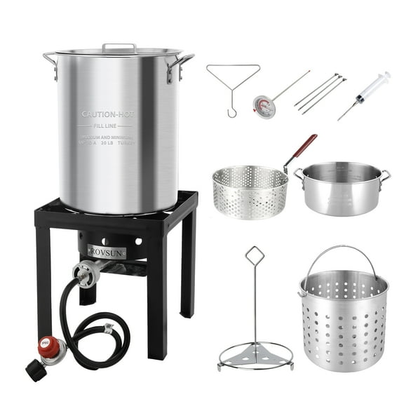 VINGLI 30QT Turkey Fryer & 10QT Fish Fryer Kit w/ 55,000BTU Propane Stove, Aluminum Outdoor Deep Fryer & Seafood Boiler Steamer w/Baskets, Thermometer, Marinade Injector, Turkey Rack & Rack Lifter
