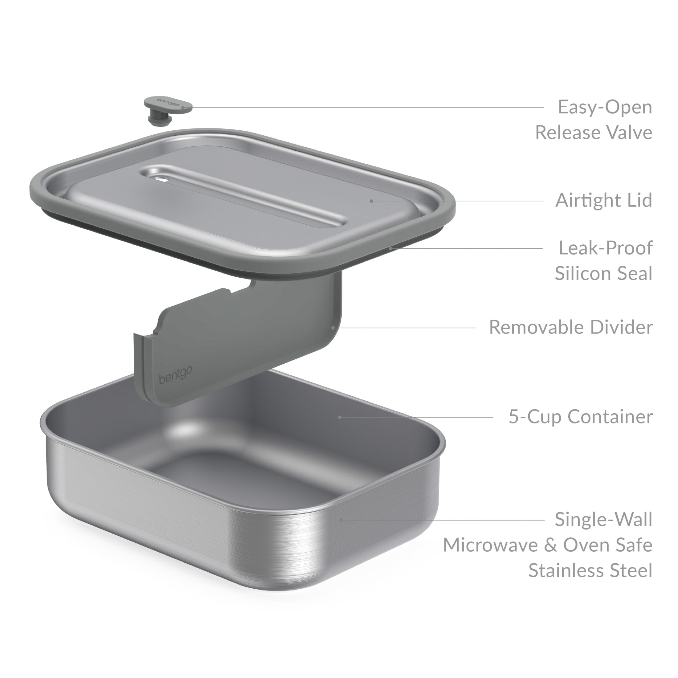 Bentgo MicroSteel Leak-Proof Lunch Box - Microwave-Safe, Oven-Safe, Bento-Style Container with Removable Divider, Airtight Lid, Sustainable Design, Odor & Stain Resistant (Stainless Steel)