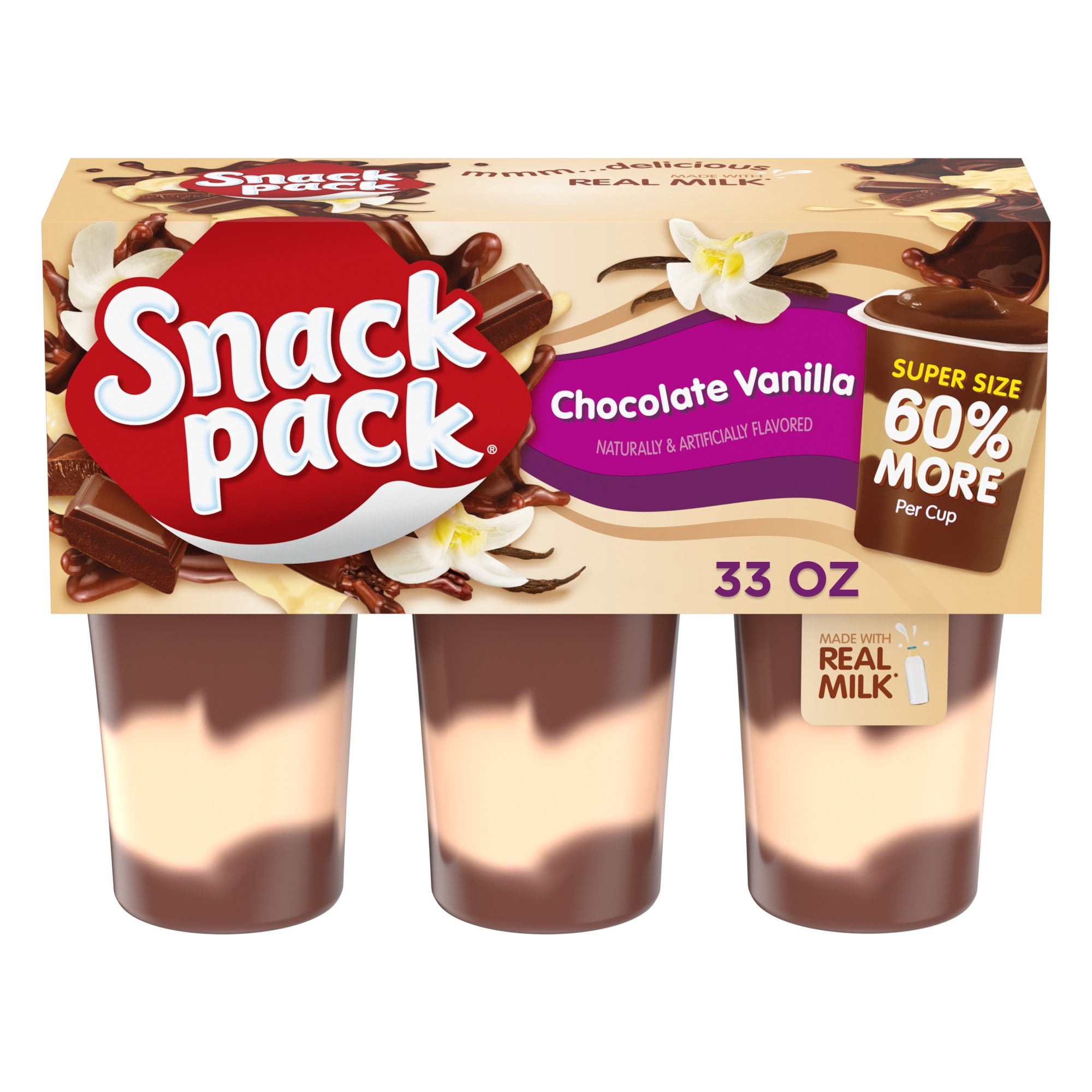 Snack Pack Super Size Chocolate Vanilla Flavored Pudding, Lunchbox Snacks, 5.5 oz Pudding Cups, 6 Count