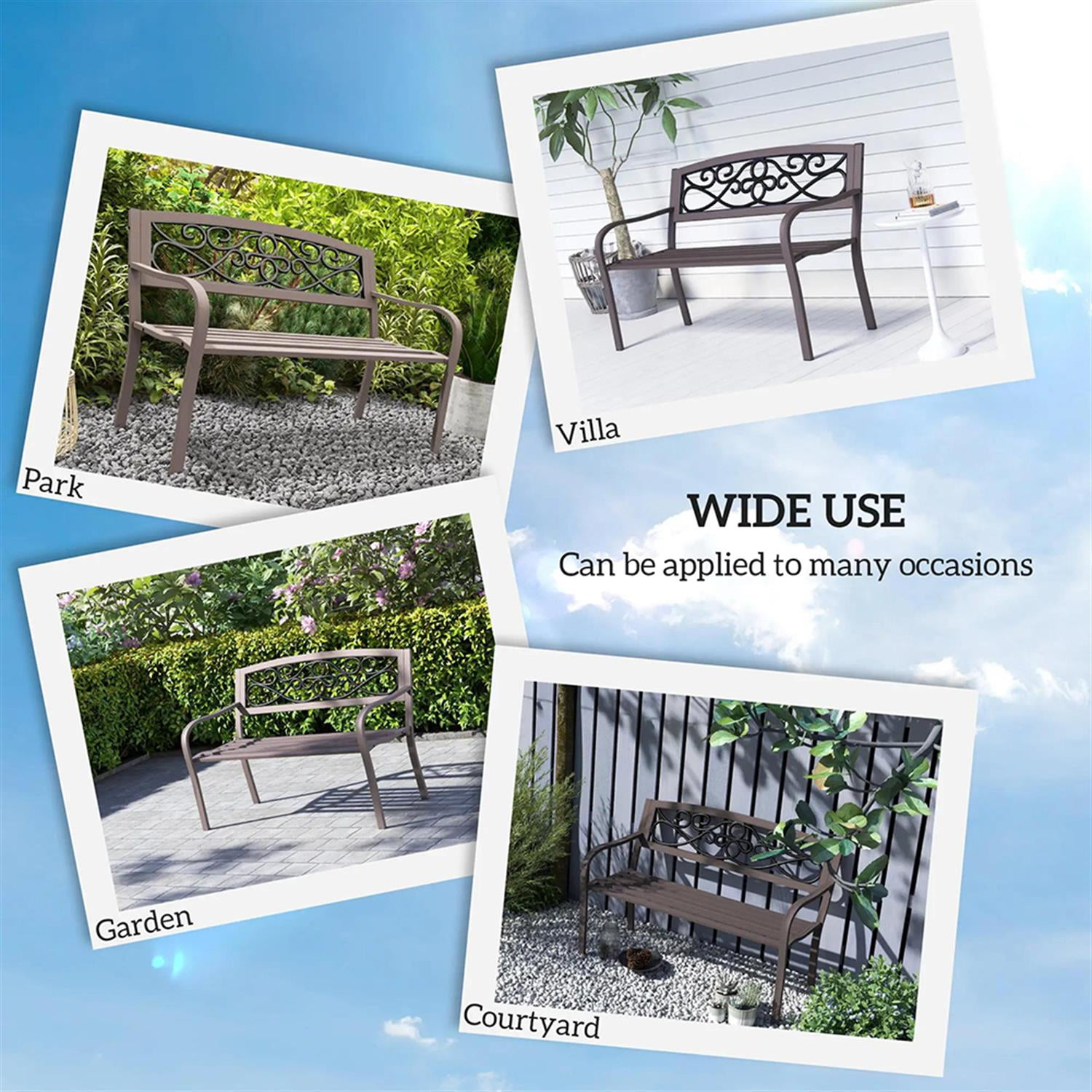 Demi Bonn Patio Garden Bench Metal Park Bench, Outdoor Benches Furniture with Floral Pattern Backrest & Slatted Seat for Patio, Park, Lawn, Yard, Brown