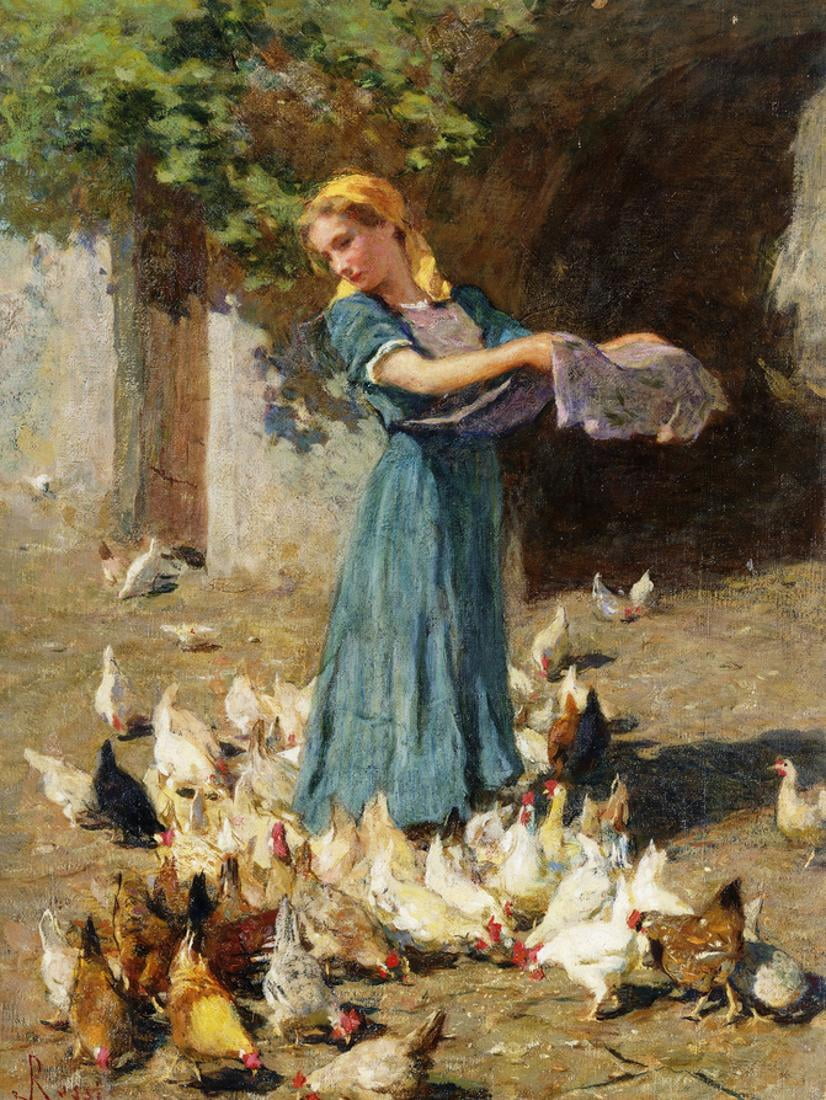 Feeding the Chickens Traditional Figurative  Women Art 