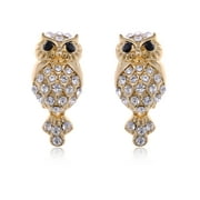 Alilang Golden Tone Mini Cartoon Grandpa Owl Bird Clear Rhinestone Cute Button Earrings