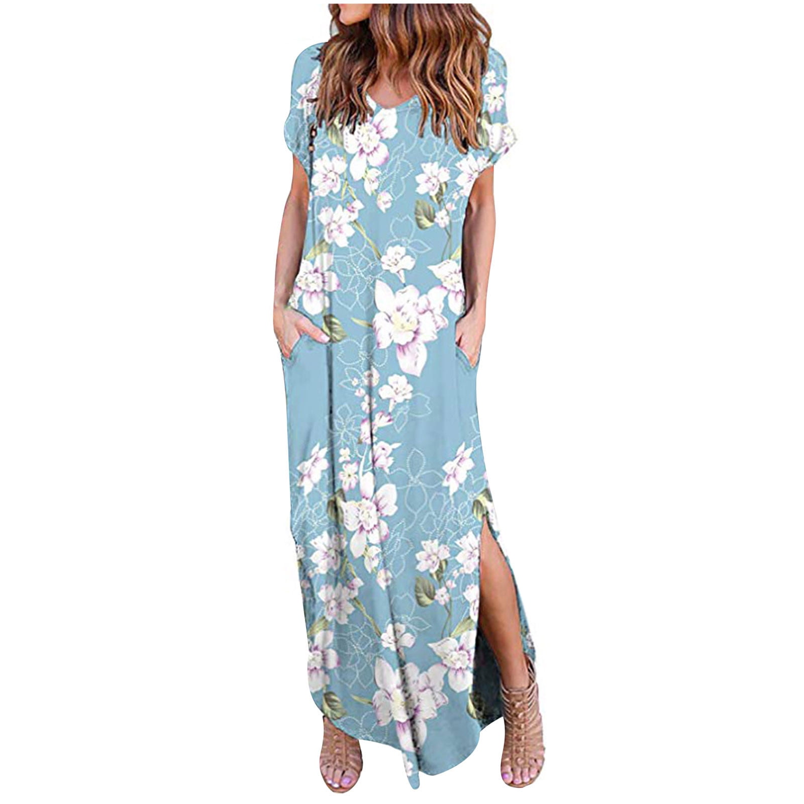 Ichuanyi Women's Casual Loose Pocket Long Dress Short Sleeve Split Maxi  Dresses - Walmart.com