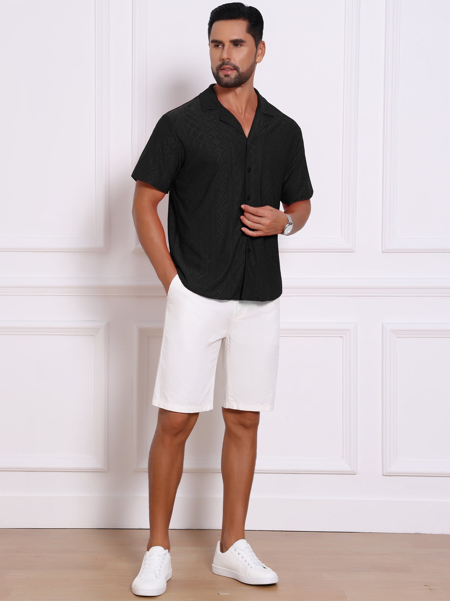 DARING DIVA Men's Hollow Texture Knit Short Sleeve Camp Collar Shirt 2XL Black