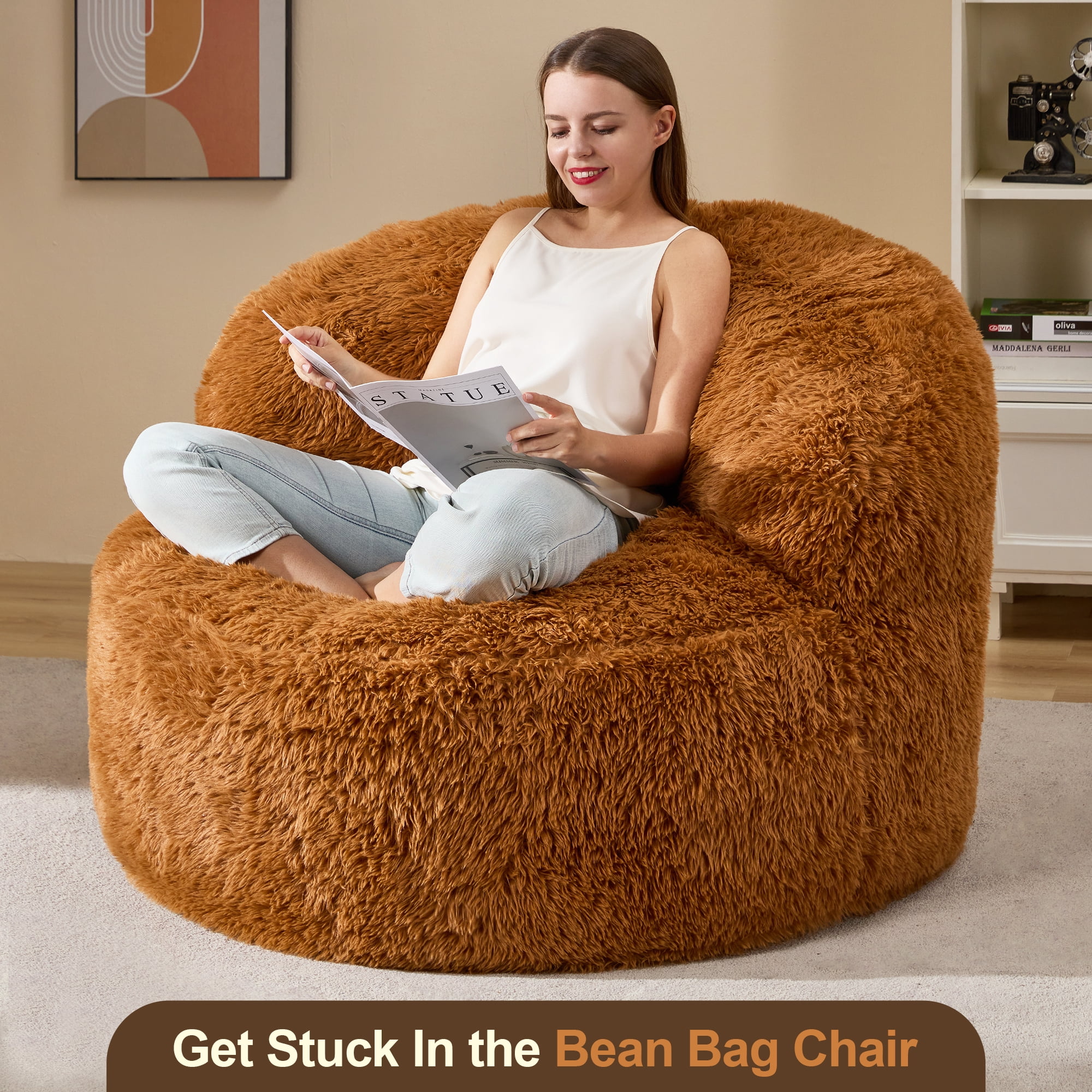 Hobestluk Giant Bean Bag Chairs for Adults Big Bean Bag Chair with Foam Filler Large Beanbags with Stuffed Back Lazy Sofa, Caramel-Oversize