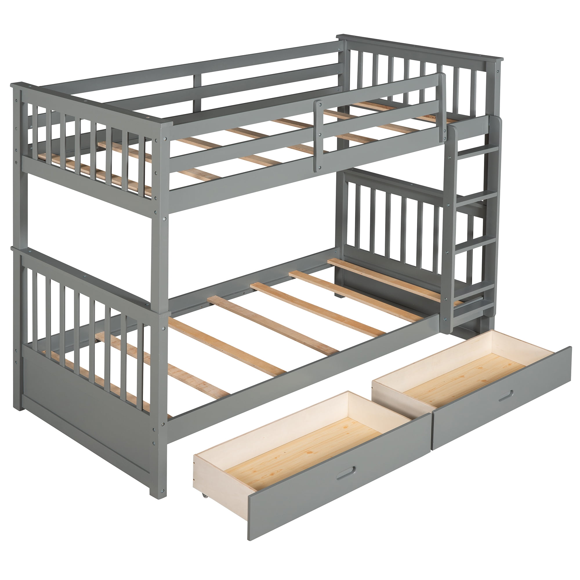 Aukfa Twin over Twin Bunk Bed with Two Storage Drawers, Wood Convertible Two Bed for Kids Teens - Gray