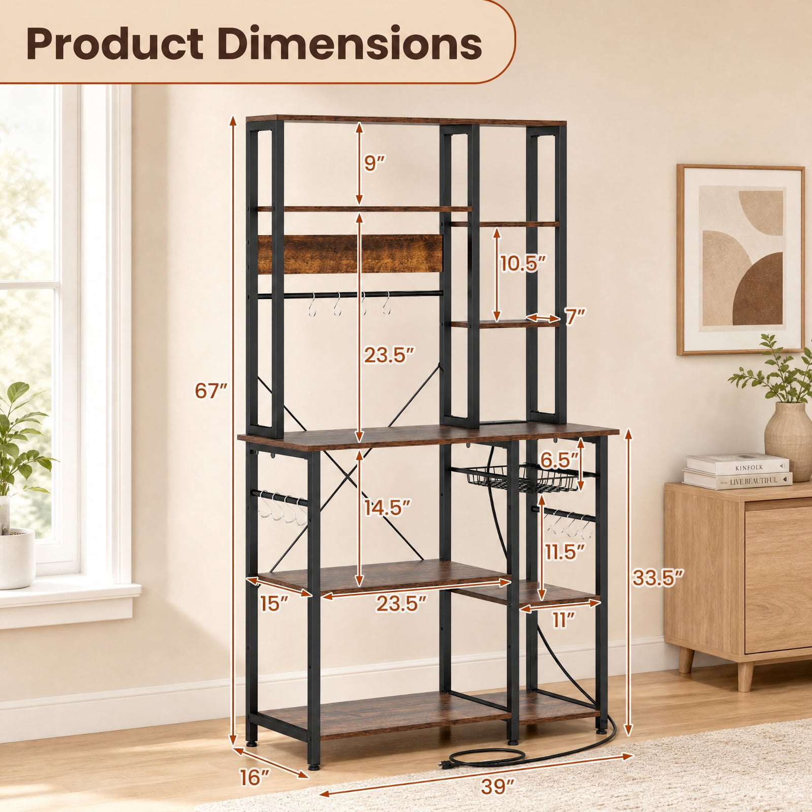 RUIE 6-Tier Baker's Rack with Power Outlet, Kitchen Coffee Bar Storage Stand with Wooden Open Shelves, 12 S-Hooks and Basket, Rustic Brown & Black