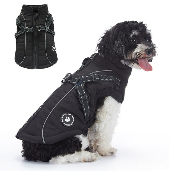 Small Dog Jacket with Harness,Pet Coat Cold Weather Warm Vest Jacket,Dog Waterproof Windproof Cotton Costume for Puppy Small Medium Dogs Black S