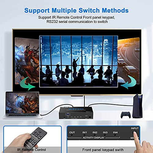 EZCOO HDMI 2.0 Switch 4x1 4K 60Hz HDR Dolby Vision SPDIF 5.1CH+Stereo 2.1CH 18Gbps 4K HDMI Switcher Audio Extractor,IR Remote,PC Console Firmware Upgrade HDMI Auto Switch HDCP 2.2 