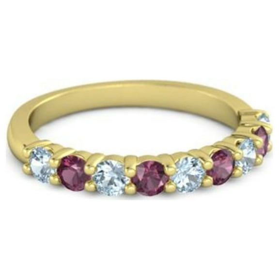 925 Sterling Silver Round 2.5MM Aquamarine Rhodolite Eternity Yellow Plated Ring