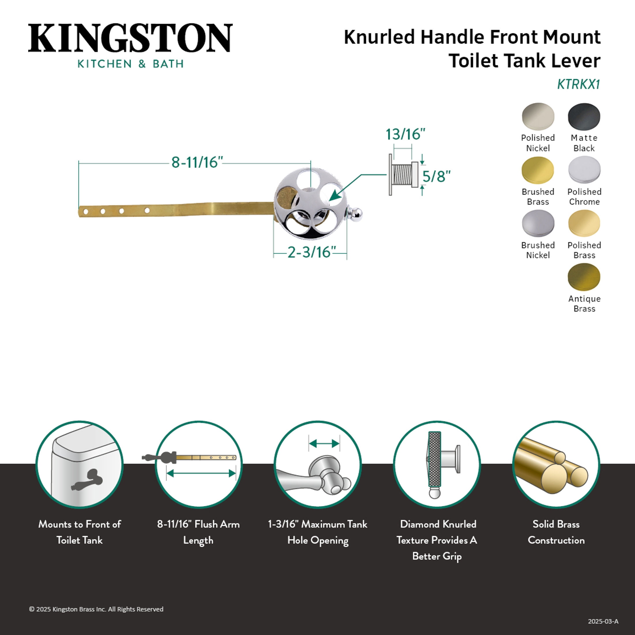 Kingston Brass KTRKX6 Webb Front Mount Toilet Tank Lever with Knurled Handle in Polished Nickel