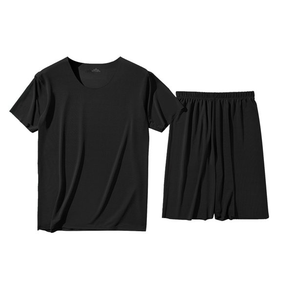 Yoodem Pj Pants Mens Pajamas Set Pajamas Mens Short Sleeved Solid Casual Wearable Housewear Suit Mens Pajamas Black XXL